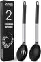 Pack of 2 Large Black Silicone Cooking Spoons, Non-Stick Stainless Steel Slotted and Solid Spoon Set