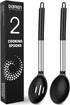 Pack of 2 Large Black Silicone Cooking Spoons, Non-Stick Stainless Steel Slotted and Solid Spoon Set