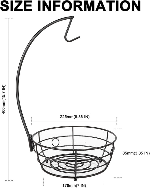 Countertop Fruit Basket Bowl with Banana Hanger, Modern Standing Fruit Vegetable Bowl Storage, with Banana Tree Holder for Kitchen Dinning Table (Round Metal, Black)