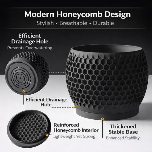 Fabix3D 3D 4.7 Inch Plant Pots, Modern Printed Honeycomb Planters for Indoor Plants, Matte Black Decorative Flower Pot