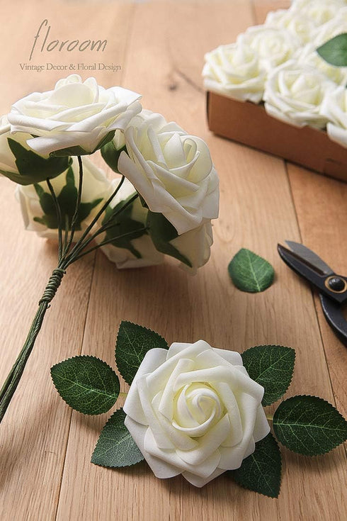 Floroom 25pcs Real Looking Ivory Foam Fake Roses with Stems for DIY Wedding Bouquets, Party Decorations
