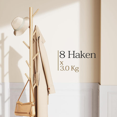 Pipishell Sturdy Wooden Coat Rack Stand, Adjustable Free Standing Tree Hanger with 4 Sections & 8 Hooks for Home