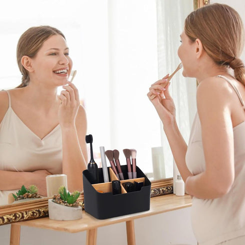 Black Toothbrush Holders for Bathrooms, Electric Toothbrush and Toothpaste Caddy with Bamboo Divider for Countertop
