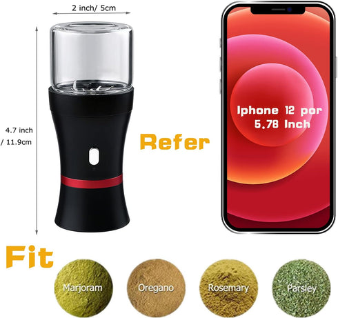 Electric Herb Grinder, Compact Size, Fast Grinding, USB-Rechargeable with 2 Glass Herb Jars and Mini Shovel