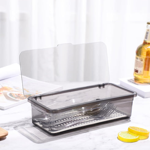 Flatware Tray Kitchen Drawer Organizer with Lid, Plastic Cutlery Tray and Utensil Storage Container with Cover,