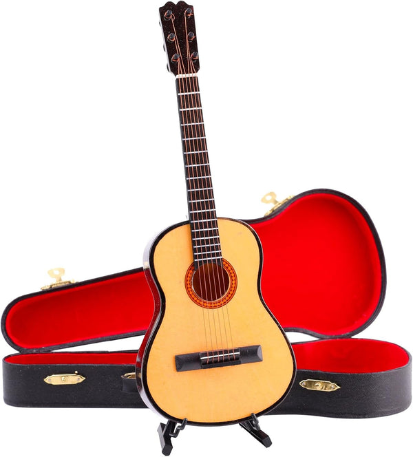 Dselvgvu Wooden Miniature Guitar with Stand and Case Mini Musical Instrument Guitar Replica