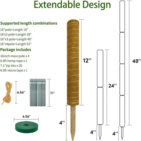 2 Pack 16 Inch Monstera Plant Support Moss Pole: Stackable Coco Coir Moss Totem Stake Tall Stand Grow Stick Plants Rod