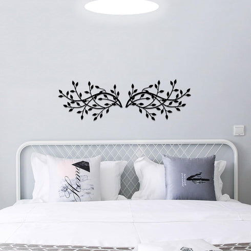 2 Pieces Metal Tree Leaf Wall Decor, Wrought Iron Scroll Sculptures for Living Room and Outdoor, Black