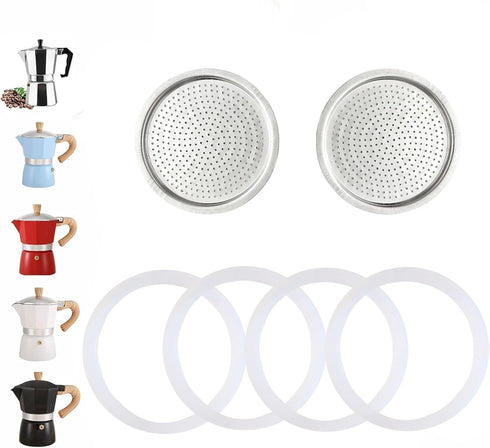 2 Cup Stovetop Espresso Coffee Maker Replacement Parts, 2 Pcs Filter with 4 Pcs Silicone Gasket Seals