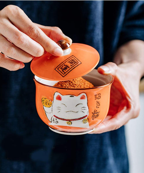 Ceramic Japanese Lucky Cat Sugar Bowl - Salt Storage Jar with Lid and Spoon