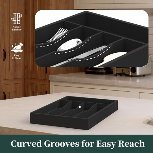 Bamboo Silverware Organizer, Kitchen Drawer Utensil Holder, Cutlery Tray & Spoon Storage with Grooved Drawer Dividers