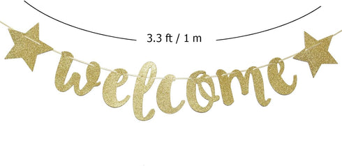 Welcome Little One Glitter Banner, Pre-strung Baby Shower Decor for Gender Reveal Party (Gold)