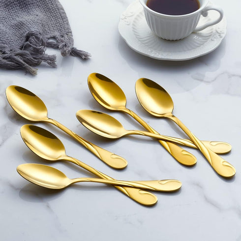 Seeshine Gold Dinner Spoon Set, 7.6-inch Stainless Steel Shiny Gold Table Silverware, Set of 6