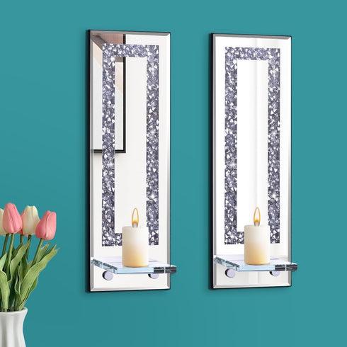 Pibeyer Crystal Crush Diamond Candle Holder Set of 2, Rectangle Silver Mirrored Candle