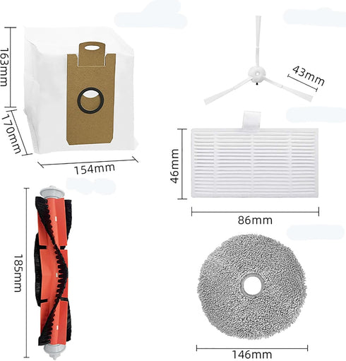 Replacement Parts for Lydsto W Robot Vacuum Cleaner, 1 Main Brush, 3 Filters, 6 Side Brushes, 2 Dust Bags