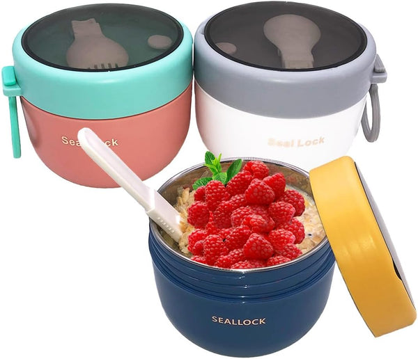Overnight Oat Containers with Lids and Reusable Plastic Spoons,17oz Portable Stainless Steel