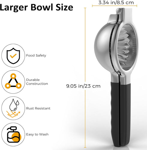 Stainless Steel Lemon Squeezer - Metal Citrus Juicer with Silicone Handles, Large Manual Citrus Press Juicer