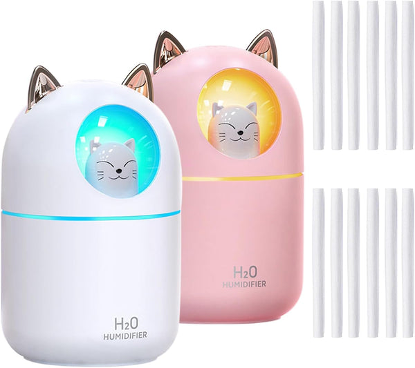 2PCS Cute Portable Cool Mist Humidifier with 12 Filter Sticks, 7 Color Night Light USB Air Humidifier (Pink+White)