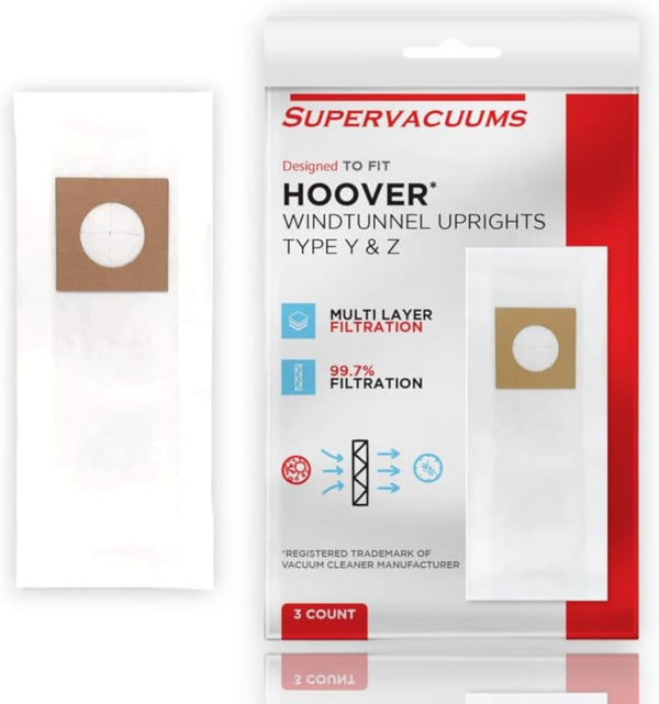 Type Y & Z Micro Filtration Paper Vacuum Cleaner Bags for Hoover Upright Models, 3 Pack with 99.7% Filtration Efficiency