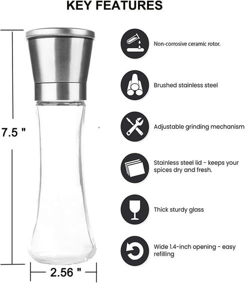 Pepper Grinder or Salt Grinder with Adjustable Coarseness, Ceramic Blades, Refillable Tall Glass Body (6OZ, 7.5")