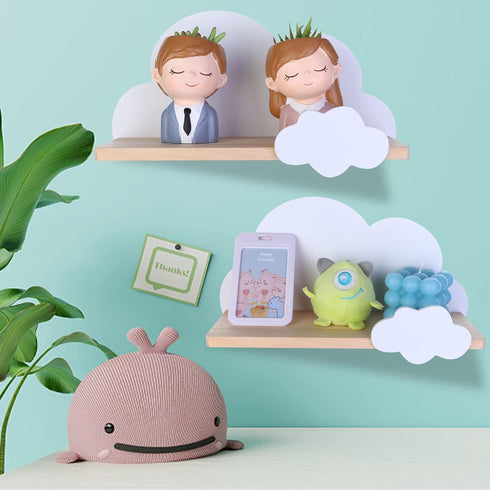 Haomian 2Pcs Cloud Floating Wooden Shelves Wall Mounted Storage Display Shelves for Bedroom Wall Decoration Space