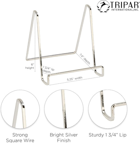 TRIPAR Silver Plated Square Metal Wire Easel, 6-Inch Height - Handcrafted Tabletop Display for Photos & More
