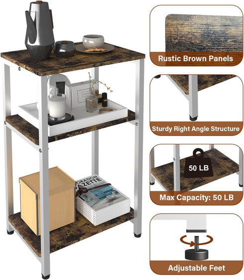 Tigerden 3 Tier Side Table, Heavy Duty End Table with Shelves, Narrow Nightstand Table for Small Spaces, Record Player