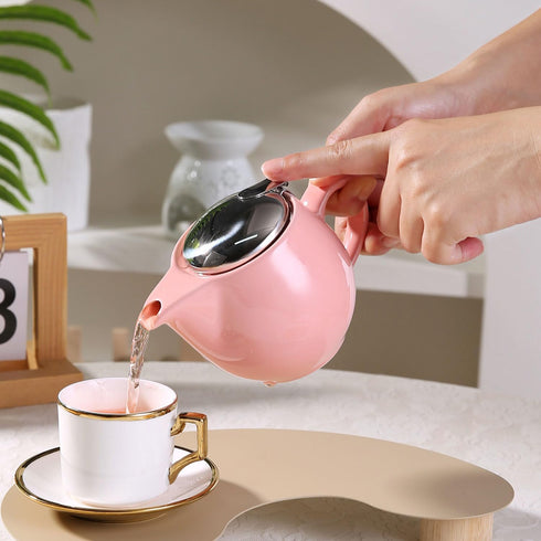 Small Ceramic Teapot with Stainless Steel Infuser - Heat Resistant Pink Tea Pot for Loose & Blooming Tea, 350ml