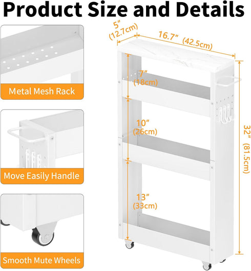Slim 4-Tier Storage Cart, 5-Inch Width White Rolling Cart with Handle & Wooden Top for Kitchen, Bathroom, Laundry