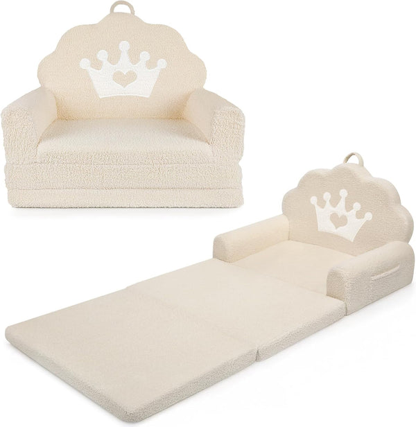 2-in-1 Kids Couch Fold Out, Soft Teddy Sherpa Toddler Couch with Crown