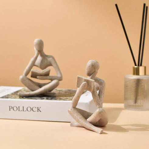 2 Pcs Home Decor Sandstone Reading Thinker Statue Modern Figurines Abstract Aesthetic