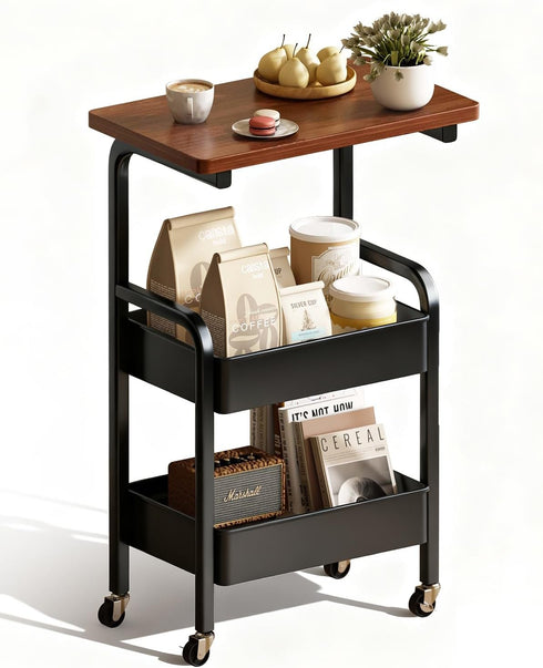 3 Tier Metal Rolling Utility Cart Organizer with Walnut Table Top, Stable