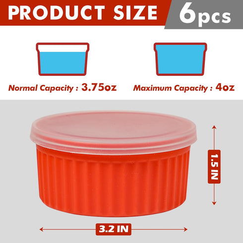 Nonstick Silicone Ramekins 4 oz with Lid, 6-Pack Oven Safe Creme Brulee Bowl for Baking, Mini Souffle Ice Cream Dessert Pudding Dipping Sauce Cups, BPA Free, Microwave, Freezer, Dishwasher Safe