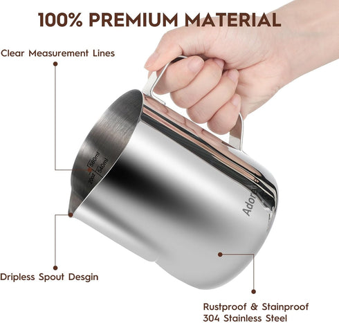 Milk Frothing Pitcher, 20oz Stainless Steel Steaming Pitcher for Coffee Bar, Cappuccino Barista Tools