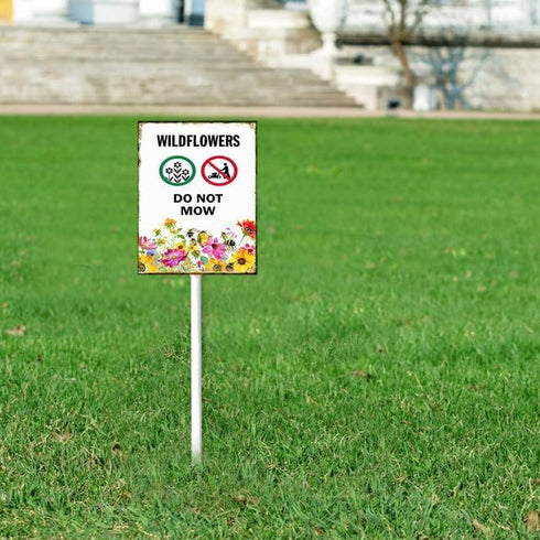 Wildflowers Do Not Mow Metal Yard Sign (7x8.8) with Stake for Lawn Garden Farm Decor, No Mow Lawn Sign