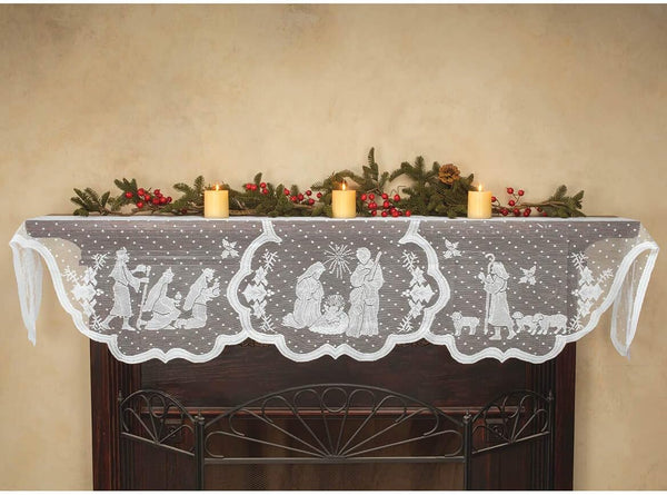 DoubleWood 20"x90" Christmas Decor Fireplace Scarf, White Lace Jesus Christmas Decorations Table Runner for Holiday