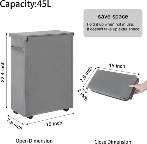 45L Chrislley Slim Laundry Hamper with Wheels, Narrow Rolling Laundry Basket with Lid, Foldable Dirty Clothes Hamper