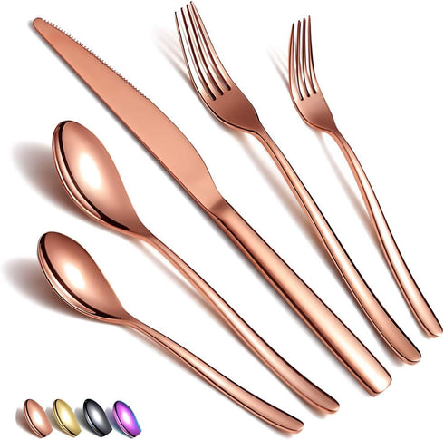 Silverware Set 20 Pieces, Stainless Steel Copper Flatware Set, Titanium Plating Rose Gold Cutlery for Service Set