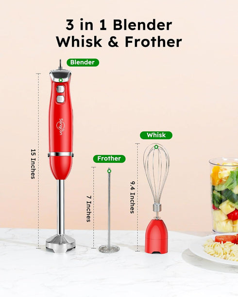 Sangcon Immersion Blender Handheld, 3-in-1 Electric Blender with Whisk & Milk Frother Attachments - Red