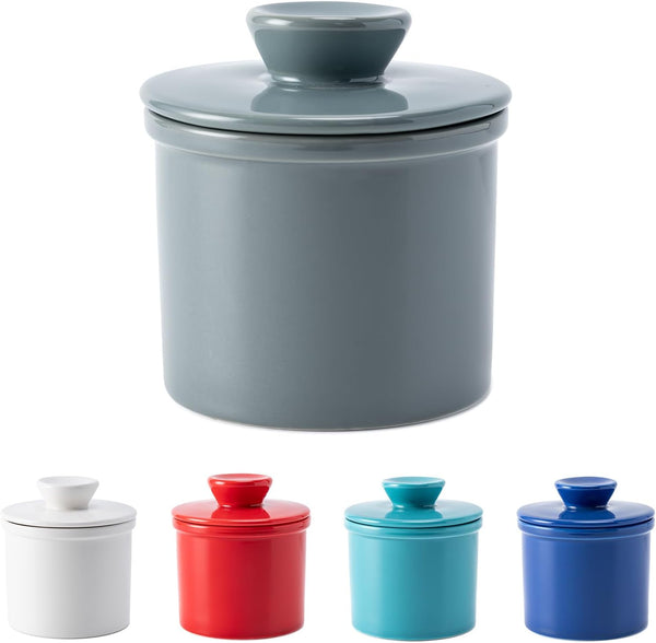 Dark Gray Butter Crock with Water Line, French Butter Dish with Lid for Fresh Spreadable Butter on Countertop