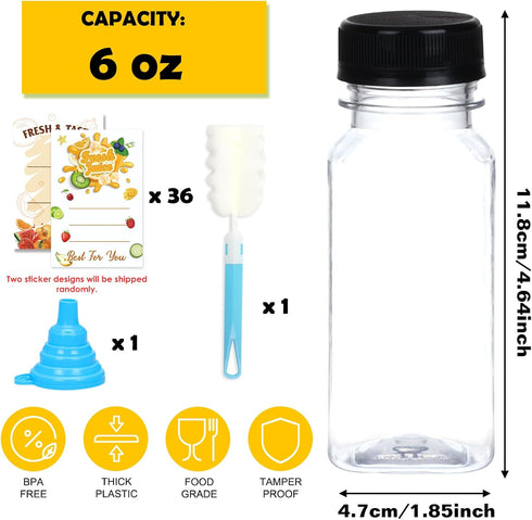 36pcs 6oz BAKHUK Empty Plastic Juice Bottles with Caps, Reusable Clear Bulk Beverage Containers for Juice, Milk