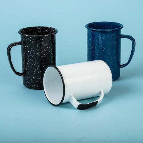 20 Oz Enameled Steel Mug Set of 6, Durable Indoor/Outdoor Use, Reusable & Stackable, Speckled White
