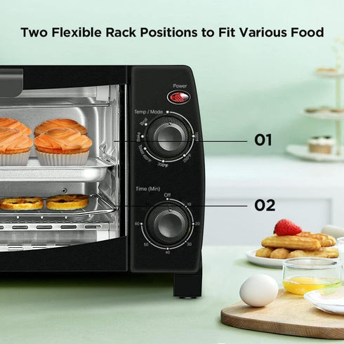 Dominion 4 Slice Toaster Oven Countertop, Retro Compact Design, Multi-Function, 1000 Watts, 30-Minute Timer, Black