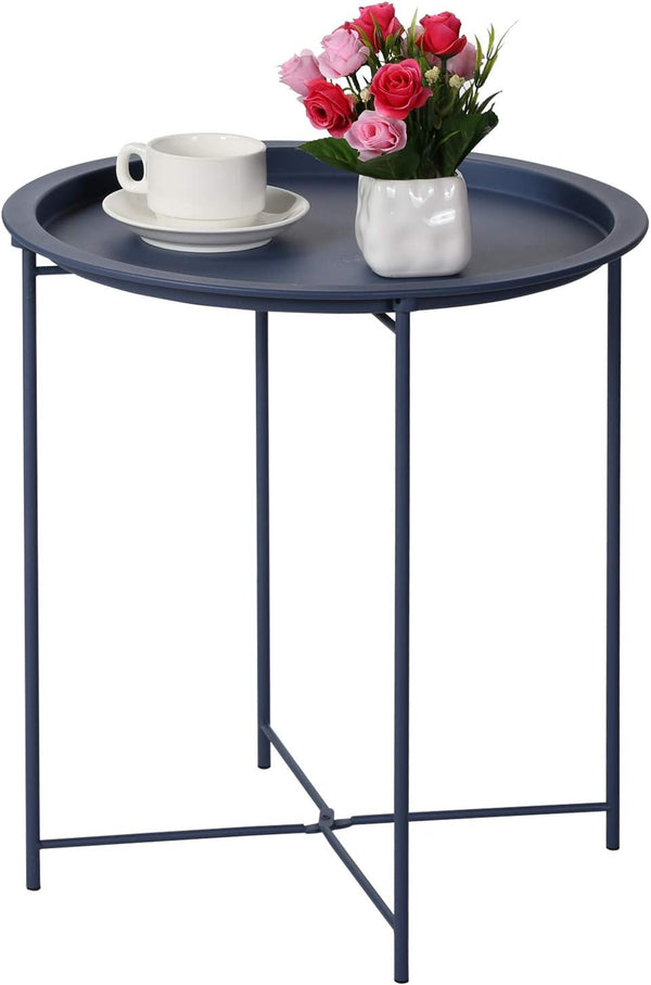 VECELO Modern End Side Tables,Round Metal Foldable Tray,Stable Snack Nightstand for Outdoors,Small