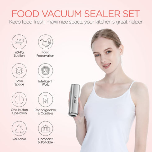 Handheld Vacuum Sealer Portable & Cordless Vacuum Sealer Kit with Vacuum Bags Automatic Vacuum Pump for Food Preservation Type-C Charging and Long Lasting Food Vacuum Sealer (1 Silver Pump+5 Bags) by VOYOR