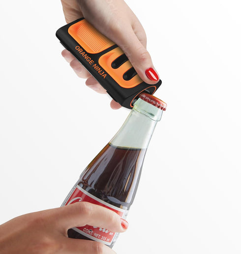 Orange Ninja Mini Knife Sharpener, Coarse & Fine Knife Sharpening System with Bottle Opener & Fridge Attachment
