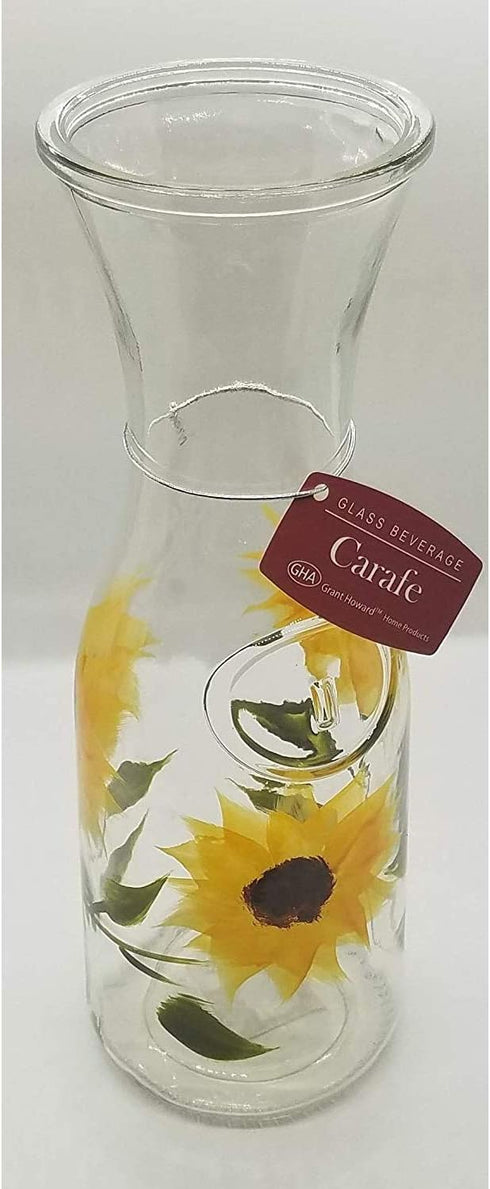 Grant Howard 34 Ounce Capacity Hand Painted Beverage Glass Carafe, Elegant Drink Pitcher, Sunflower Design