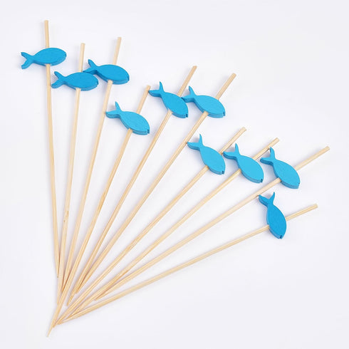 PuTwo 100 Counts Cocktail Toothpicks - Handmade Natural Bamboo Cocktail Sticks for Appetizers, Fruits, Dessert - Blue