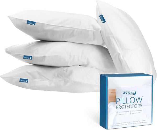 King Size Pillow Protector Waterproof with Zipper, 4 Pack, 20x36 inch Encasement Pillow Covers, White