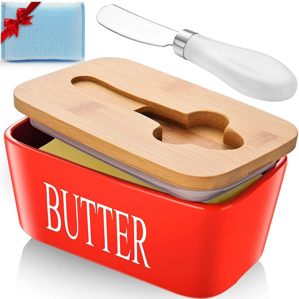 Large Butter Dish with Lid for Countertop, Ceramic Keeper with Knife, Perfect for 2 Sticks of Butter, Red